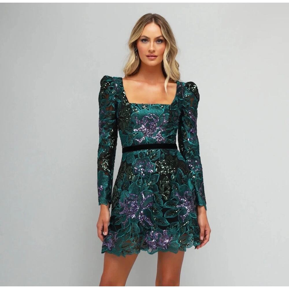 Helsi Alice Black Green Sequin Floral Puff Sleeve Party Dress XS Glam FairyCore